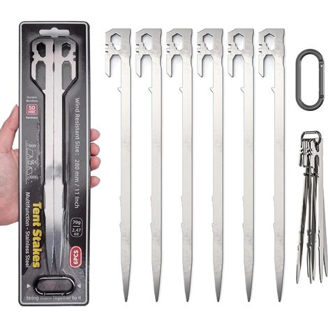Set di 6 picchetti per tenda resistenti, 28 cm, multifunzionali in acciaio inossidabile, con gancio e foro per campeggio, viaggi, escursionismo, giardinaggio e terreni duri (con moschettone).