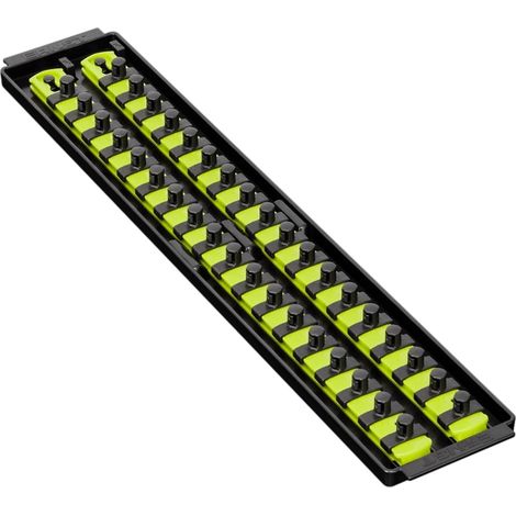 1 - Organiseur de douilles - Rail à douilles - Système modulaire 2 rails - Pour atelier et déplacement - Jaune haute visibilité - 37,8x9,2x3,1cm