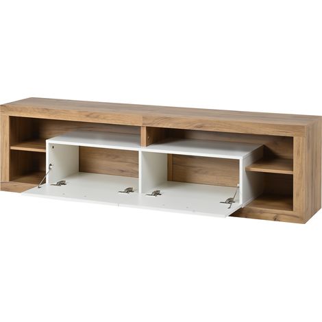 Meuble TV 180x35,5x50cm avec LED pilotable par appli, 2 tiroirs et 4 compartiments ouverts, lowboard en panneau de particules, charge max 30kg, convient aux téléviseurs 75 pouces, couleur bois naturel (1/5)