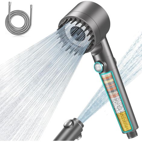 Pommeau de Douche Anti Calcaire avec 15 Étapes Filtre et avec Tuyau 1,5M, Filtre Douche 3 + 1 Types de Jets Pommeau Économie Deau Haute Pression (1/5)