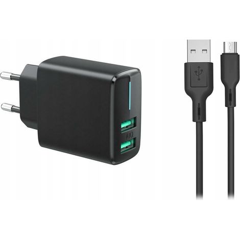 Chargeur mural, 2 ports USB 3.4 A, câble micro USB de 1 m, charge rapide 230 V (1/2)