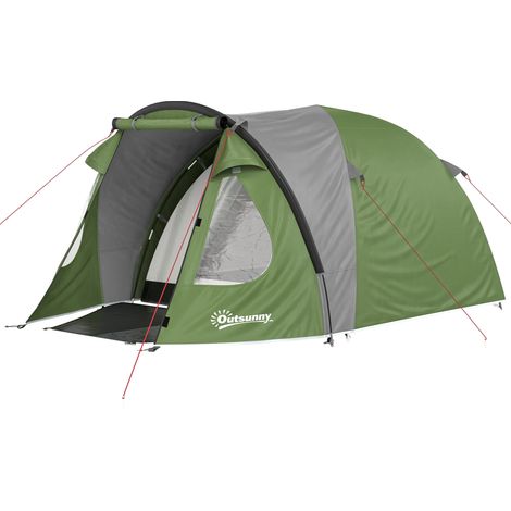 Tente Camping 4 Personnes 2 Chambres Portes Fenêtres Tapis Sol Crochet Plafond Vert 323x248x150cm