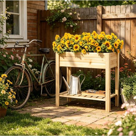 Jardinera elevada de madera de abeto 80 x 40 x 75 cm con estante (1/5)