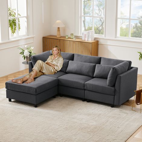 Rechts/links montierbares 4-Sitzer Ecksofa - wandlungsfähig mit 3 Kissen - Hochfester Velours - Grau