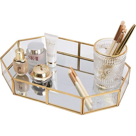 Make-up-Organizer, verspiegelte goldene Glasablage, Make-up-Tablett – 20 x 14,2 cm