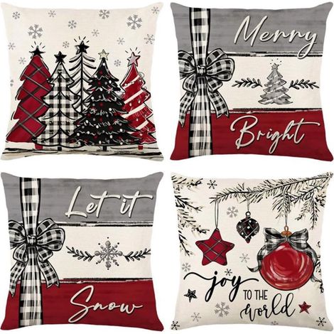 Quatre housses de coussin sur le thème de Noël, 45 x 45 cm, en lin, convenant aux chambres, canapés, chaises et décorations de voiture. (1/5)