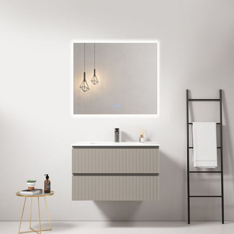 Mobile bagno sospeso cannettato 80 cm Grigio Cenere Lavabo in Ceramica Specchio Quadro Retroilluminato - Fiji Paint (1/4)