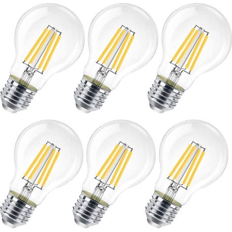 Lot de 6 ampoules LED E27, 8 W (équivalent 80 W), claires, non dimmables, blanc chaud 3000K, modèle A60