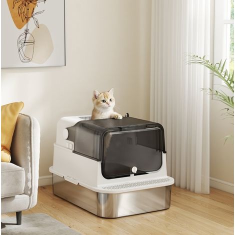 Caja de arena para gatos de acero inoxidable con tapa XXL, 70 x 50 x 46,5 cm, blanca HAVRYA (1/4)