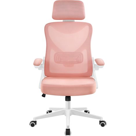 Homevive Silla de Oficina Ergonómica de Malla con Soporte Lumbar Silla de Escritorio Móvil con Reposabrazos Altura Ajustable Reposacabezas Blanco/Rosa