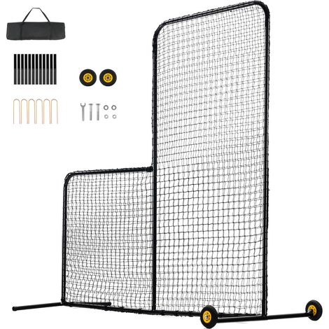 Mophorn Pantalla de seguridad de softbol de 7 x 7 pies, red de bateo portátil en forma de L con bolsa de transporte, ruedas y estacas de tierra, protector de lanzamiento resistente para jaula de bateo (1/5)