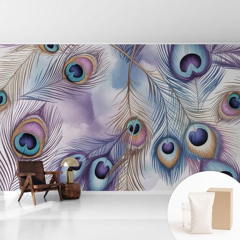 Tapete Vliestapete mit Kleber - Wanddekoration - Wandfolie - 3D Tapete Wand - Wohnungsdeko Pfauenfedern 416x254 cm