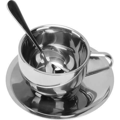 Insulated Coffee Cup Set de 180ml en Stainless Steel 304 Double-Walled - Avec Spoon et Saucer [Set pour Café/Thé] - Pour Maison, Café, (1/5)