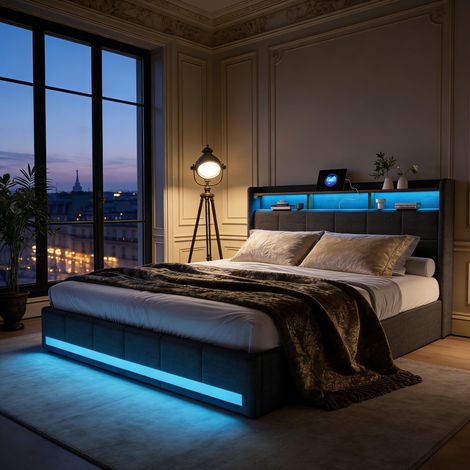 Lit 140x190 avec Sommier et LED, Cadre de Lit Adulte avec 4 Tiroirs de Rangement, Tête de Lit avec Étagère, 2 USB & 1 Type-C, Design Sécurisé avec Coins Arrondis, Lin Respirant pour Chambre ou Studio (1/5)