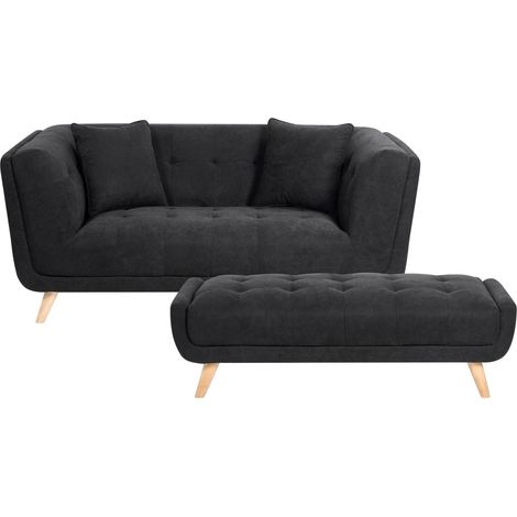 Sofá 2 plazas de tela con otomana cojines decorativos patas de madera capitoné estilo retro negro Habo (1/5)