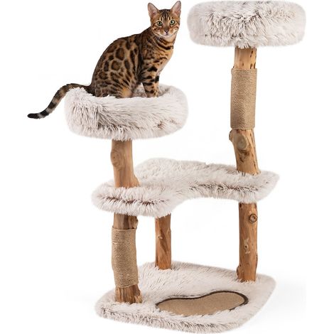 Arbre à chat moderne 40" avec véritable branche naturelle en bois - blanc (1/5)