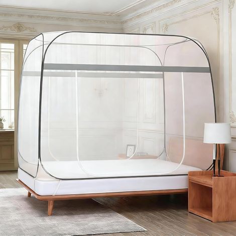 Moustiquaire lit 180 x 200 cm, pop up pliable, voyage et outdoor, auto-portante, sans accroches, blanc (1/5)