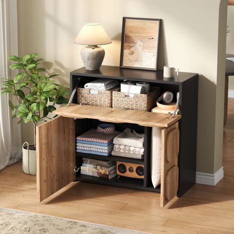 Credenza da cucina in legno con 4 scomparti, design vintage, mobile contenitore per sala da pranzo, nero + naturale (1/5)