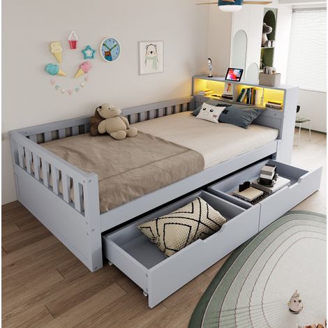 Lit simple multifonction 90 x 200 cm avec rangements, tiroirs, LED et prises, gris (1/5)