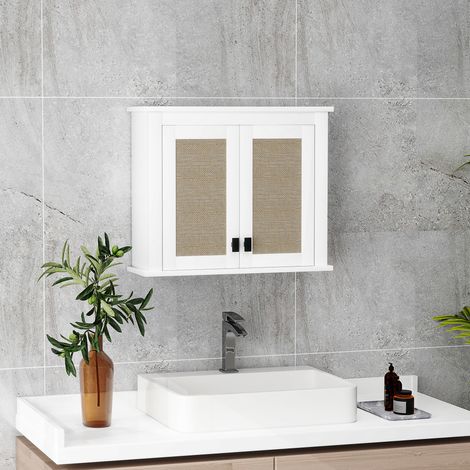 Armario de Pared para Baño Mueble de Baño Suspendido con 2 Puertas de Ratán PE Estante Ajustable 60x19,5x49,4 cm Blanco (1/5)