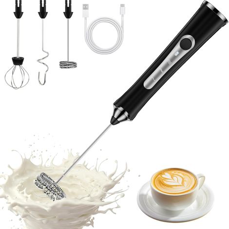 Mousseur à lait électrique, rechargeable via USB-C, avec 3 vitesses, 3 têtes de moussage amovibles pour café, latte, cappuccino, crème et cocktails (1/5)