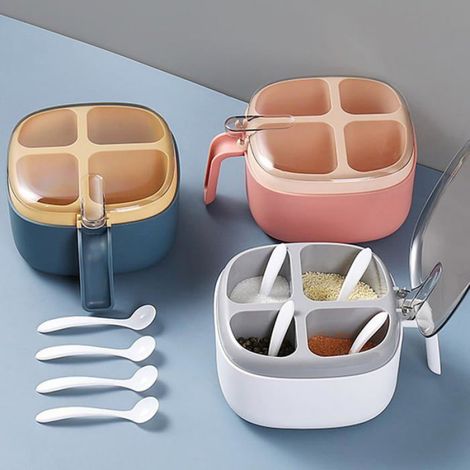 Boîte à Condiments 4 Compartiments - Pots Épices avec Couvercle, Rangement Cuisine Pratique (Blanc) (1/5)
