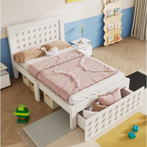 DESVIAE Lit enfant 90 x 200 cm avec tiroir et espace de rangement sous le lit design blocs blanc bois avec sommier à lattes (1/5)