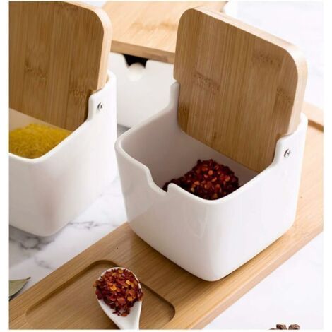 Spice Jar Square Ceramic Spice Jar Spice Holder with Bamboo Spoon Lid (White)-Fei Yu (1/2)