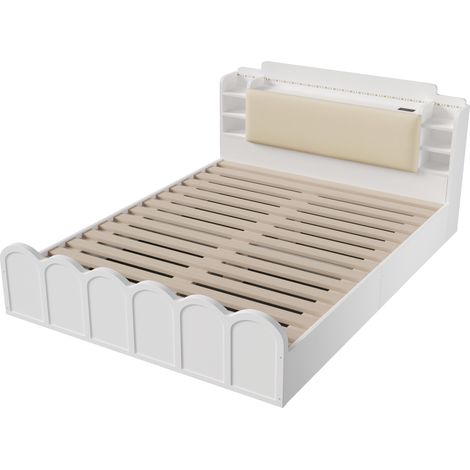 Lit panneau 140x200 cm, hydraulique, avec charge USB Type-C, éclairage LED, commande par bouton/application, sans matelas, coffre de rangement à ouverture par le haut, rangement multifonctionnel, blan