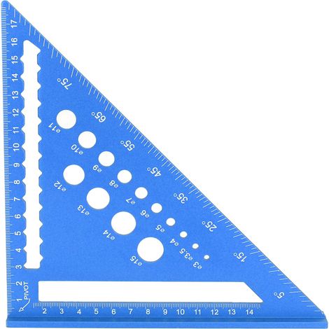 Équerre de charpentier 18 cm en alliage d'aluminium, rapporteur 90°, règle à trous pour menuiserie et traçage, outil bleu (1/5)