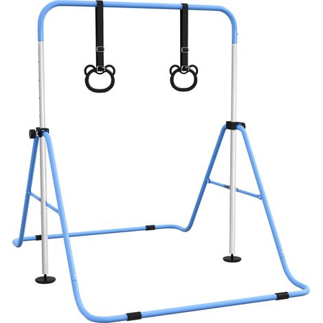 Barre de gymnastique réglable en hauteur pour enfants avec 2 anneaux, acier, 148 x 105 x 88-128 cm, bleue (1/4)