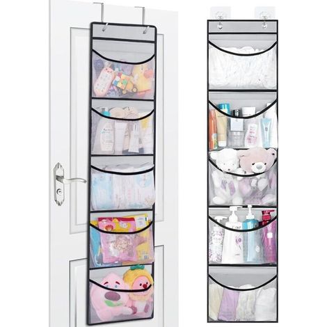 Lot de 2 Étagère Suspendue,Organisateur de Rangement Suspendu Dessus de la Porte avec 5 Grande Poche et 2 Crochets en Métal, pour Chambre d'enfant, Salle de Bain, Cuisine, Chambre à Coucher (1/4)