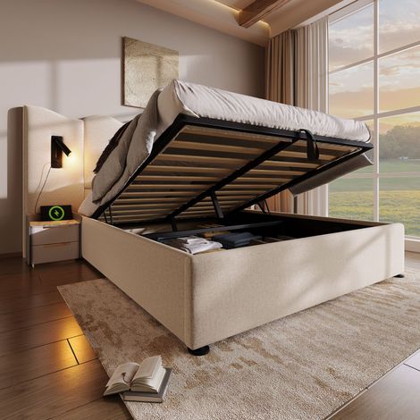 Lit coffre 160x200 cm beige en lin avec lampe de lecture et ports USB-C (1/5)