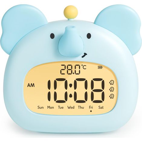 Réveil décoratif éléphant pour enfant avec veilleuse, écran LED numérique 3,15 pouces, 3 alarmes, mode week-end, date, heure, température, rechargeable, décoration chambre bébé