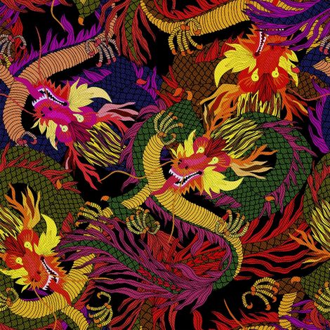 Telas decorativas para exteriores Oxford - motivo de coloridos dragones chinos (1/5)