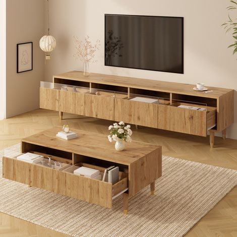 Ensemble meuble TV et table basse en MDF coloris bois, LED 7 couleurs, façades acryliques, 178,0 cm + 110,0 cm