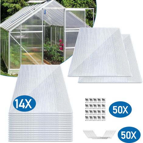 TolleTour 14 plaques alvéolaires en polycarbonate 4 mm transparentes, 60,5 x 121 cm, 10,25 m², avec 100 clips inox pour serre (1/5)