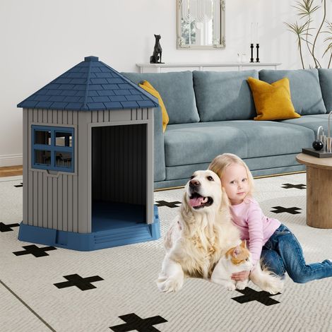 Niche d'Extérieur pour Chien Niche pour Chiot avec 2 Fenêtres et Puits de Lumière Toit en pente Entrée Maison pour Animaux de Compagnie (1/2)