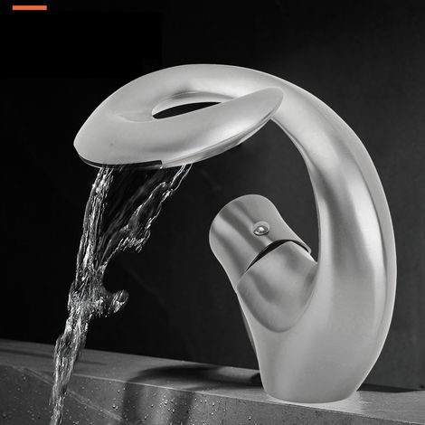 Robinet de lavabo de salle de bain, en laiton avec eau chaude et froide, vasque de salle de bain créative, vasque encastrée style cascade, grise. (1/5)