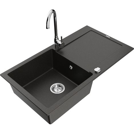 Mexen Leo lavello in granito a 1 vasca con scolapiatti e rubinetto da cucina Telma, nero/oro metallico - 6501-75-670200-00 (1/5)