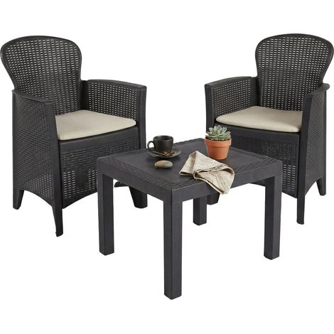 Dmora Outdoor-Lounge-Set Foggia, Gartengarnitur mit 2 Sesseln und 1 Couchtisch, Sitzgruppe in Rattan-Optik mit Kissen, 100 % Made in Italy, Anthrazit