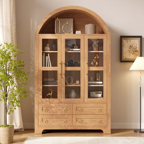 Credenza alta vetrina 110x40x185cm mobile soggiorno con 3 ante in vetro 4 cassetti e vano ad arco in mdf legno stile scandinavo - Naturale (1/5)