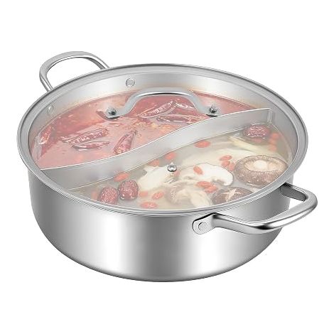 Casserole à fondue chinoise en acier inoxydable 304 de 32 cm avec couvercle en verre et 2 cuillères Convient pour plaques à induction, cuisinières à gaz (1/5)