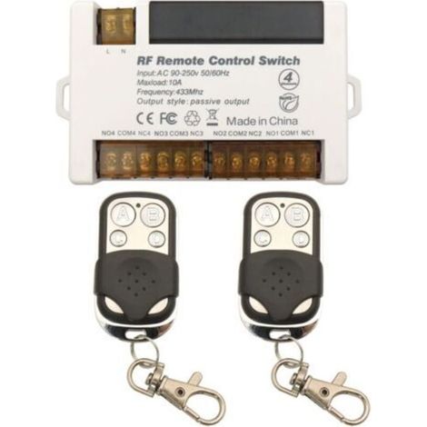 Interruptor remoto inalámbrico de relé de 4 canales, control remoto RF de 433 MHz, CA 230-220 V, receptor de relé de 10 A con llavero para 2 transmisores, terminal grande, fácil cableado. (1/5)