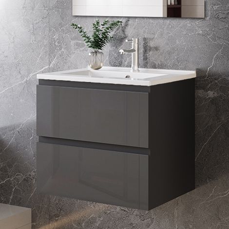 Biubiubath Wall Hung 600mm Bathroom Vanity Units with Basin Gloss Grey