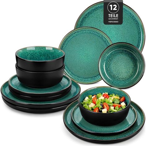 Geschirrset Steingut 4 Personen Teller 12 Teile Set Grün (1/5)