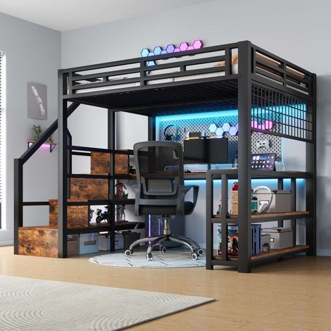 Lit mezzanine enfant 140x200 cm, avec bureau, étagères, LED, prises USB et Type-C, escalier avec rangement, structure métal noir, sans matelas (1/5)