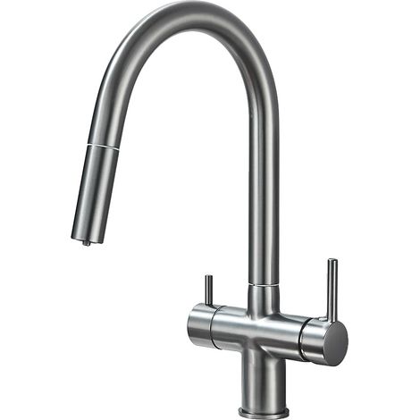 Grifo de cocina, doble manija, función de rociador emergente, gris cepillado. (1/2)