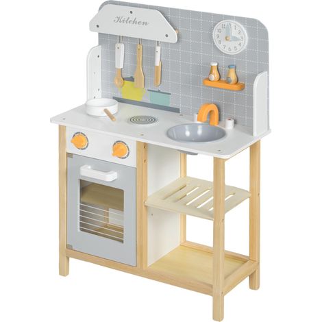 Cuisine de jeu pour enfants, cuisine en bois avec effets sonores, plaque de cuisson, four, robinet, évier et accessoires de cuisine, grise (1/4)
