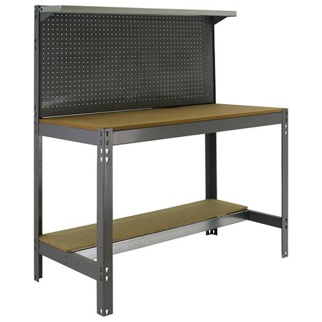SimonRack Banco da Lavoro con Pannello Forato e Ripiano Superiore – Portata 600 kg – 1445x1510x610 mm – Tavolo Officina Fai da Te – Grigio/Legno – BT-3